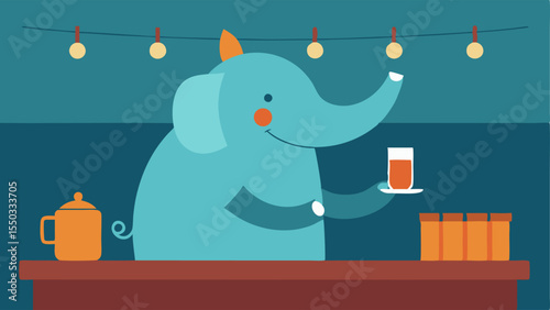 Cheerful Atmosphere A friendly elephant stands on its hind legs reaching over a polished bar top. Its trunk is deftly mixing a bright drink in a highball glass. Nearby a wooden