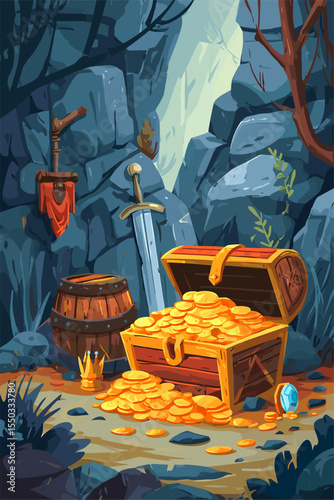 Treasure Chest Overflowing with Gold Coins in a Fantasy Cave