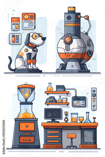 Friendly Robot Dog in a Colorful Science Laboratory with Equipment and Beakers