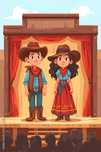 Cowboy and Cowgirl Characters on Stage in Western Theme