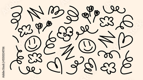 Hand drawn arrows wavy lines fluffy tuchki and naive circles for stickers and posters