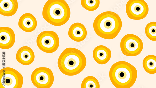 Vector pattern with yellow cartoon circles and concentric round eye shapes for modern posters and sticker backgrounds in funky style
