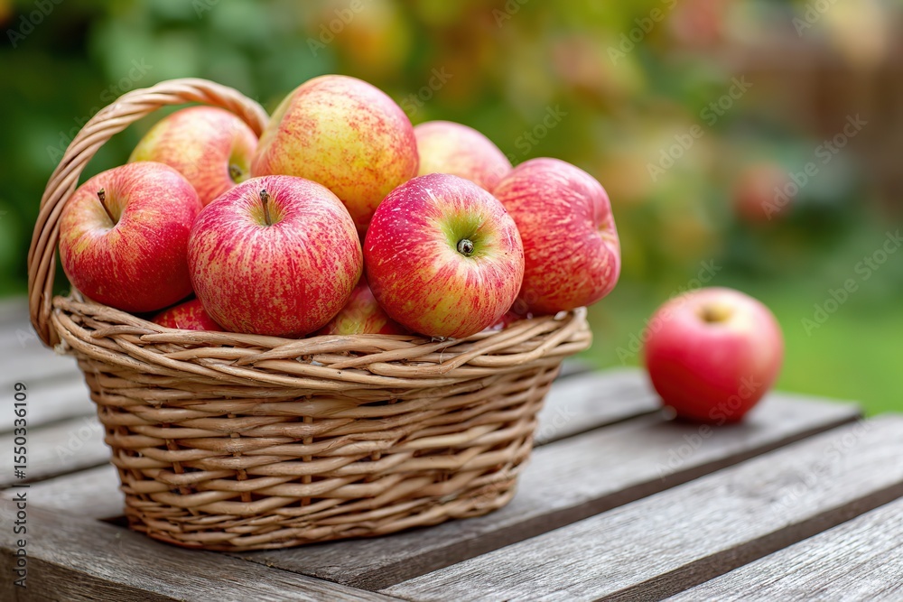 Freshly picked apples in a wicker basket on a wooden table in a garden setting Freshly picked apples in a wicker basket on a wooden table in a garden setting