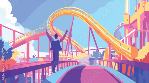 Excited Woman on Roller Coaster in Amusement Park
