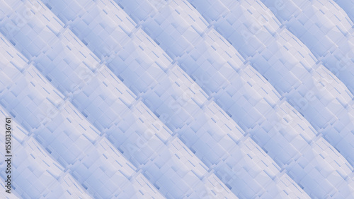 Diagonal pattern of interlocking, curved, white elements creating a sense of depth and texture. The repetitive geometric design is simple, with soft lighting enhancing its structure