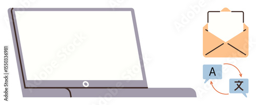 Open laptop next to an email envelope and translation icons, representing communication, language exchange, global connection, online tools, business, education, and cultural diversity. Simple flat