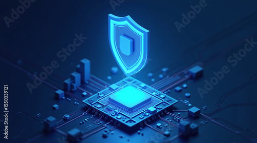 futuristic digital shield hovering above a glowing motherboard, cyber defense, 3D isometric render, blue neon, security concept
