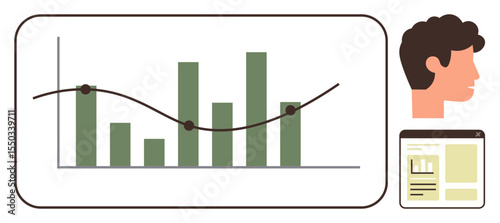 Bar graph and line chart showcasing trends, profile of person, and document-style layout. Ideal for data analytics, progress tracking, statistics, business, education reports analysis. Simple flat