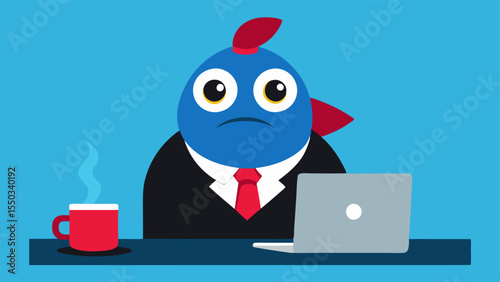 Desk Duty A cartoonish fish with big expressive eyes dressed in a black pinstripe suit and red tie is focused intently on a laptop. The fish sits at a round polished desk cluttered