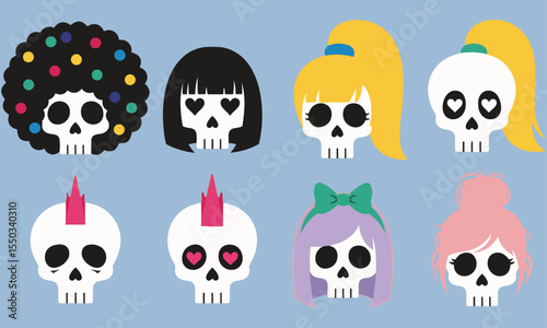 Playful Skull Avatars with Diverse Hairstyles for Girls, These whimsical characters offer a blend of spooky and charming elements, ideal for creative designs or avatars.