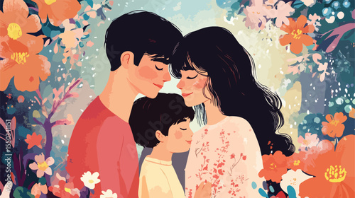 Happy Family Parents and Kids Together Flat Vector Illustration