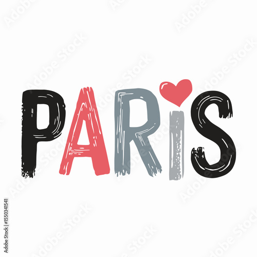 The word Paris is displayed in a playful, colorful font with varied brushstroke styles, and a red heart creatively replacing the dot above the letter i