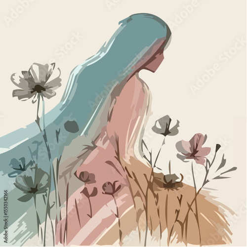 Woman sitting among flowers with flowing hair in pastel colors  