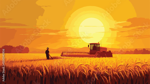 Golden Sun Harvest: Farm Worker Harvesting Wheat in Sunlight