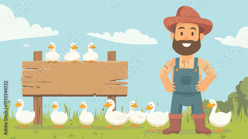 Rural Farmer with Ducks by Wooden Sign Flat Vector Illustration