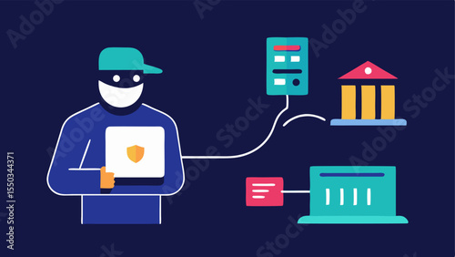Data Stream A visual of flowing data streams with the hacker in the background capturing sensitive information flowing toward the banks database.