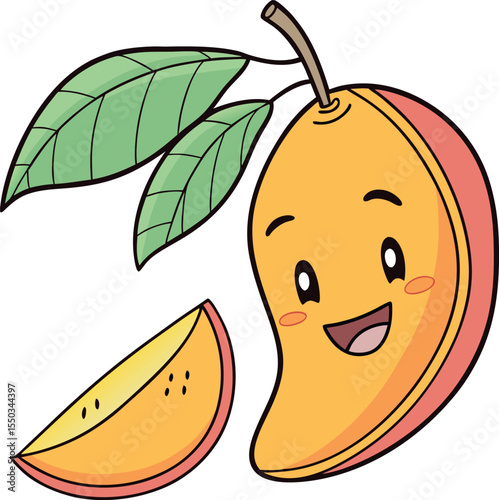 A Cute and Vibrant Cartoon Mango with a Fresh Green Leaf, Perfectly Placed Against a Clean White Background, Embracing Simplicity and Natural Beauty