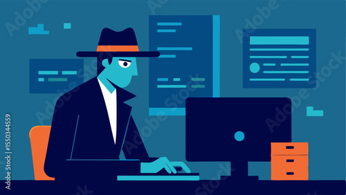 Detective at a Computer A figure in a trench coat and fedora sitting at a modern desktop computer analyzing lines of code on the screen with a magnifying glass.