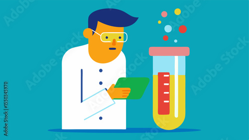 Chemical Reaction A closeup of a test tube bubbling with a colorful chemical reaction with a scientist observing and taking notes.