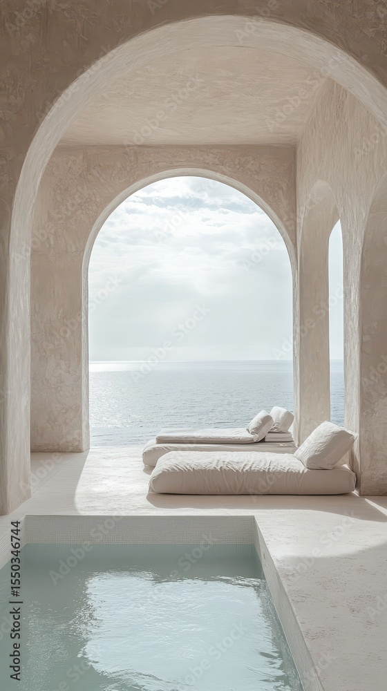 Fototapeta premium Modern Spa Relaxation: Luxury Retreat with Indoor Pool and Ocean View