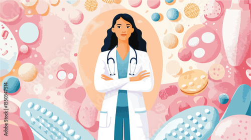 Professional Female Doctor with Oral Contraceptive Flat Vector Image