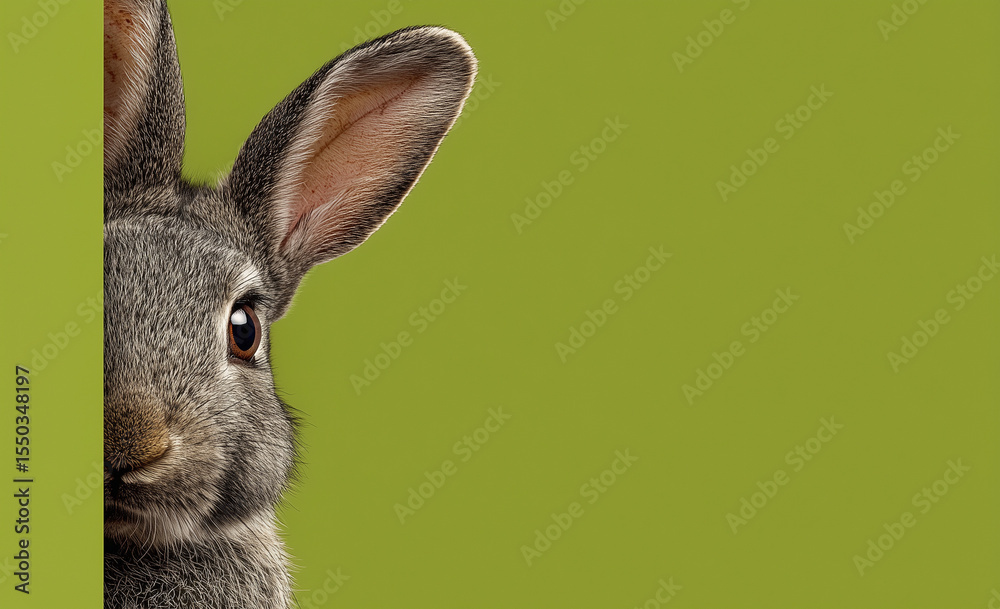 Obraz premium Curious grey rabbit peeking from behind a green wall. 