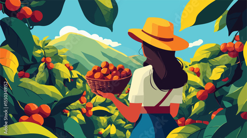 Female Coffee Fruit Harvester Vector Illustration
