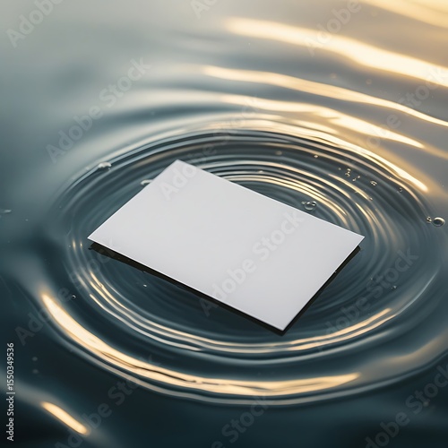 A blank white business card floating on a calm, reflective water surface with subtle ripples around it. Soft sunrise or sunset lighting casts a golden glow on the scene. Overhead angle.