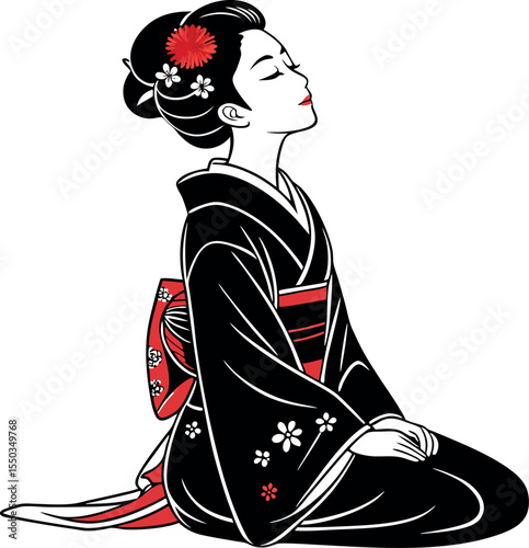 A Serene Portrait of a Young Asian Woman in Traditional Japanese Kimono, Seated in a Meditative Pose with Elegant Floral Accents, Capturing Peace and Contemplation in Bold Black and White Line Art wit