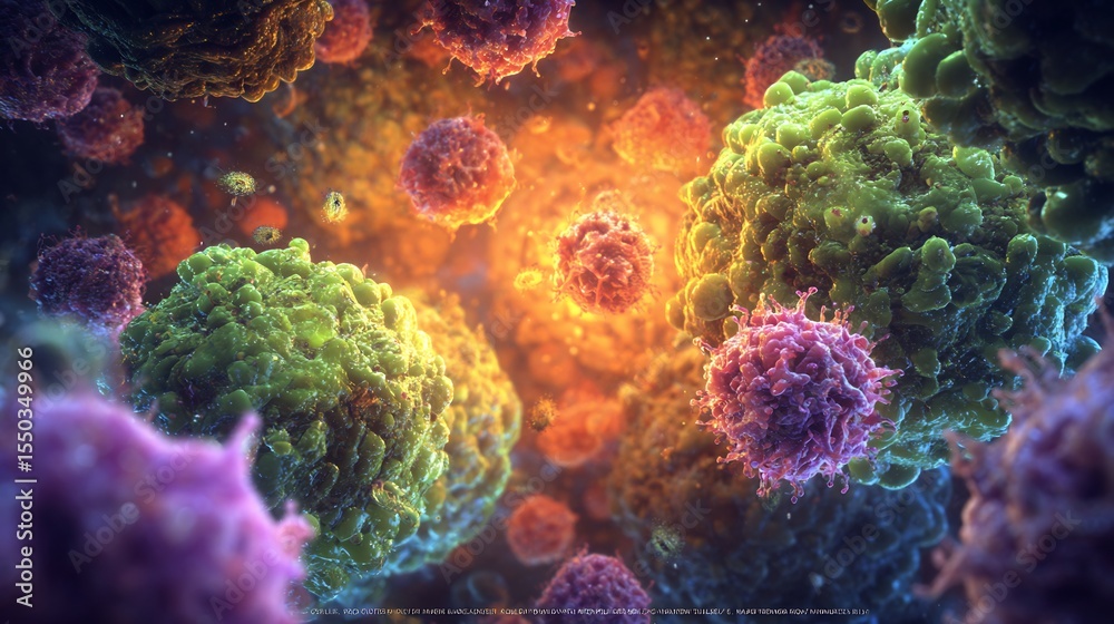 Obraz premium Germ invasion concept art showing microorganisms infiltrating healthy cells colorful science illustration with dramatic lighting 