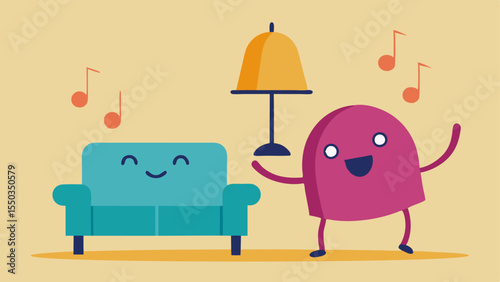 Dancing Furniture Party A comical illustration of various pieces of furniture like a sofa a table and a lamp having a dance party in a living room setting. The sofa has a smiley