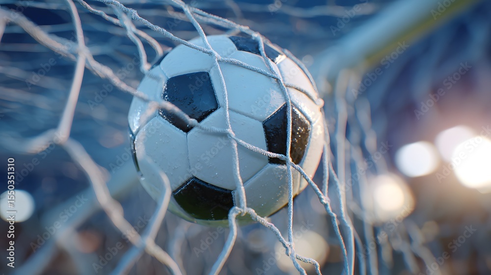 Naklejka premium Close-up view of a soccer ball hitting the back of the net during a game. Shows the impact and moment of scoring in sports.
