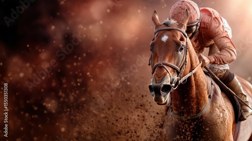 A thrilling image capturing a vibrant racehorse and jockeПr speeding through a smoky track, illustrating the intense adrenaline of horse racing with dynamic movement.