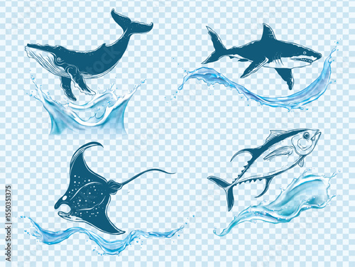 Different types of sea fish and blue splashes of waves