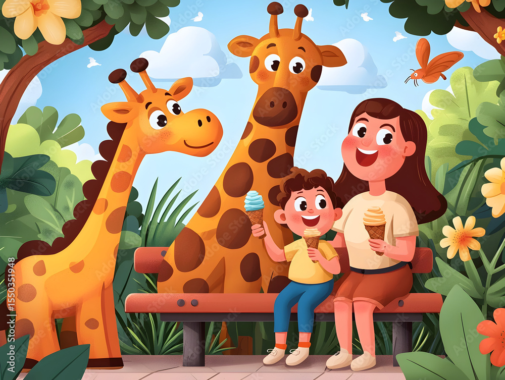 Naklejka premium Cheerful family enjoying ice cream with two friendly giraffes in lush, colorful park setting under bright sky