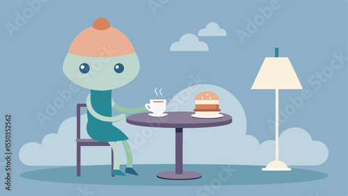 Coffee Break A character stands outside a cozy café their head a vintage lamp shade with a floral design. They are seated at a small round table sipping from a steaming coffee cup.