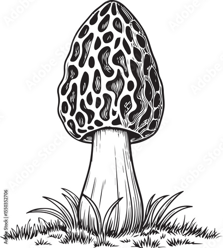 Mushroom morel Vector Illustration, Sketch Drawing Line Linear Symbol Icon Engraving Coloring Book, Hand-drawn Black and White Isolated