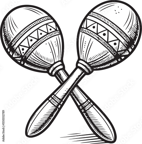 maracas Vector Illustration, Sketch Drawing Line Linear Symbol Icon Engraving Coloring Book, Hand-drawn Black and White Isolated