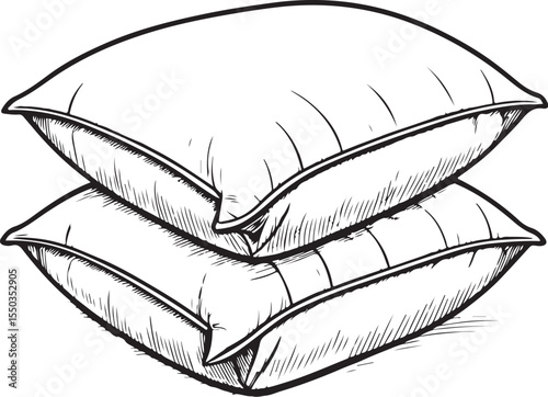 Pillows on Bed for Sleep Vector Illustration, Sketch Drawing Line Linear Symbol Icon Engraving Coloring Book, Hand-drawn Black and White Isolated