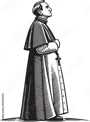 Priest Vector Illustration, Sketch Drawing Line Linear Symbol Icon Engraving Coloring Book, Hand-drawn Black and White Isolated