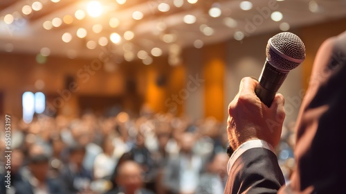 Speaker addressing a large audience, microphone in hand, at a conference or event, communicating information in a professional setting.