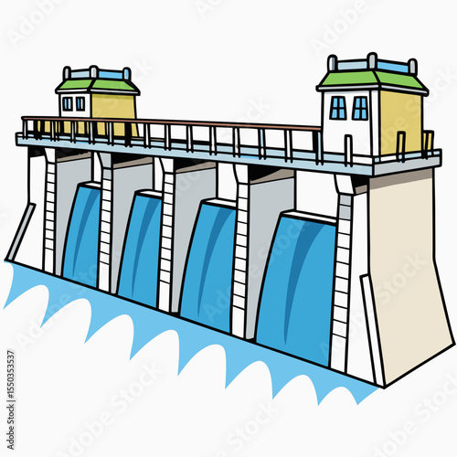 Creative River Barrage Vector Illustration | Detailed Water Control Structure for Hydropower, Irrigation, and Infrastructure Design