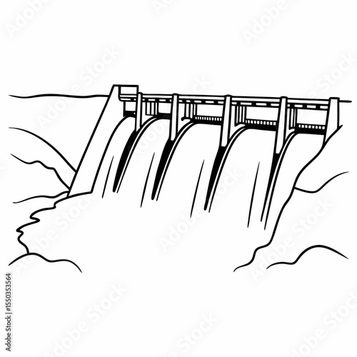 Creative River Barrage Vector Illustration | Detailed Water Control Structure for Hydropower, Irrigation, and Infrastructure Design