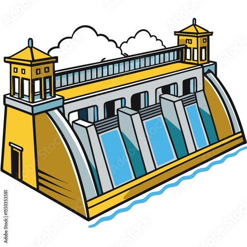 Creative River Barrage Vector Illustration | Detailed Water Control Structure for Hydropower, Irrigation, and Infrastructure Design