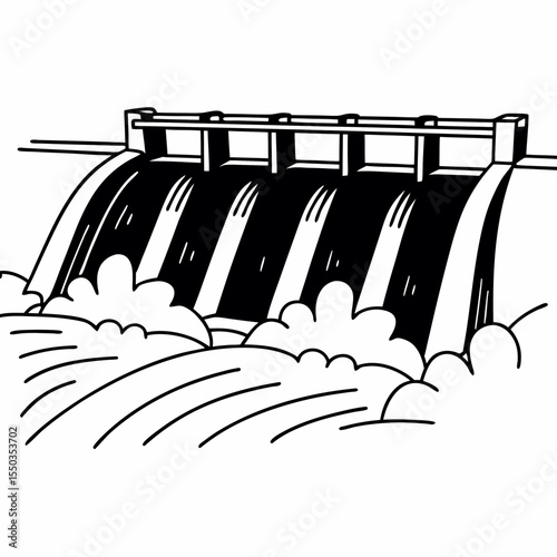Creative River Barrage Vector Illustration | Detailed Water Control Structure for Hydropower, Irrigation, and Infrastructure Design