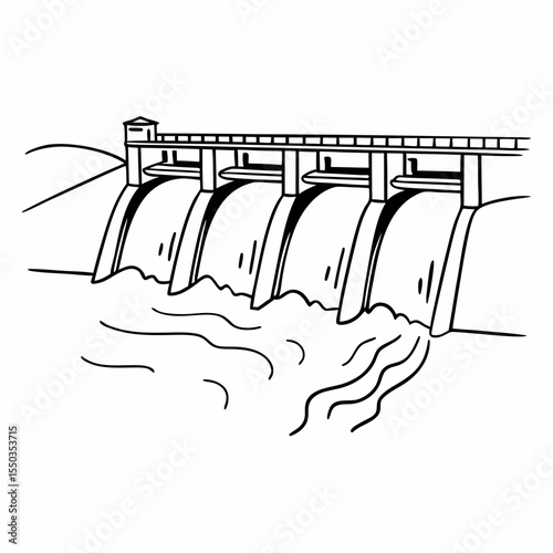 Creative River Barrage Vector Illustration | Detailed Water Control Structure for Hydropower, Irrigation, and Infrastructure Design