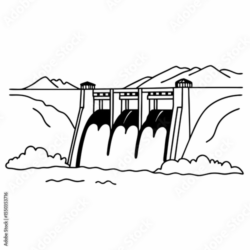 Creative River Barrage Vector Illustration | Detailed Water Control Structure for Hydropower, Irrigation, and Infrastructure Design
