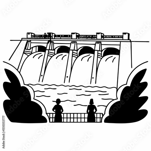 Creative River Barrage Vector Illustration | Detailed Water Control Structure for Hydropower, Irrigation, and Infrastructure Design