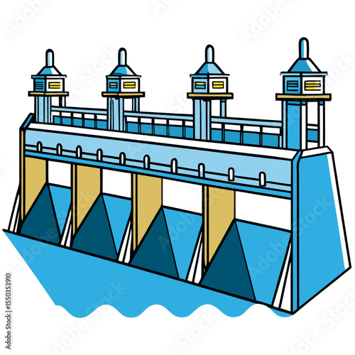 Creative River Barrage Vector Illustration | Detailed Water Control Structure for Hydropower, Irrigation, and Infrastructure Design
