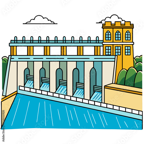 Creative River Barrage Vector Illustration | Detailed Water Control Structure for Hydropower, Irrigation, and Infrastructure Design